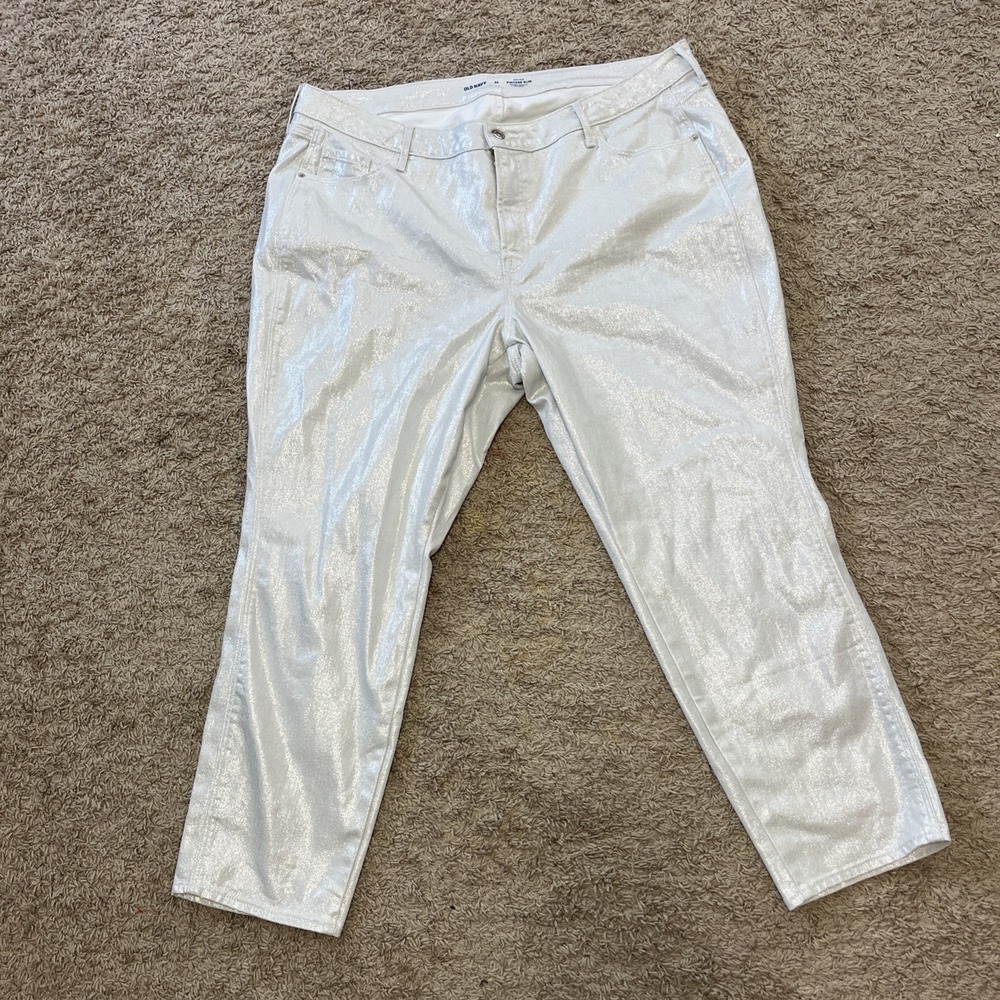 Old‎ Navy High Rise OG Loose Size 22 White Silver Shimmer Pants 42x29